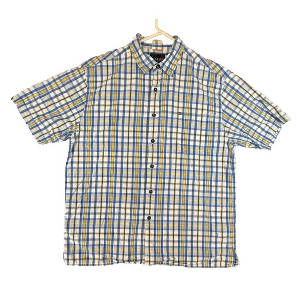 Nautica Jeans Co Mens XL Plaid Short Sleeve Shirt Yellow Blue White Button Up